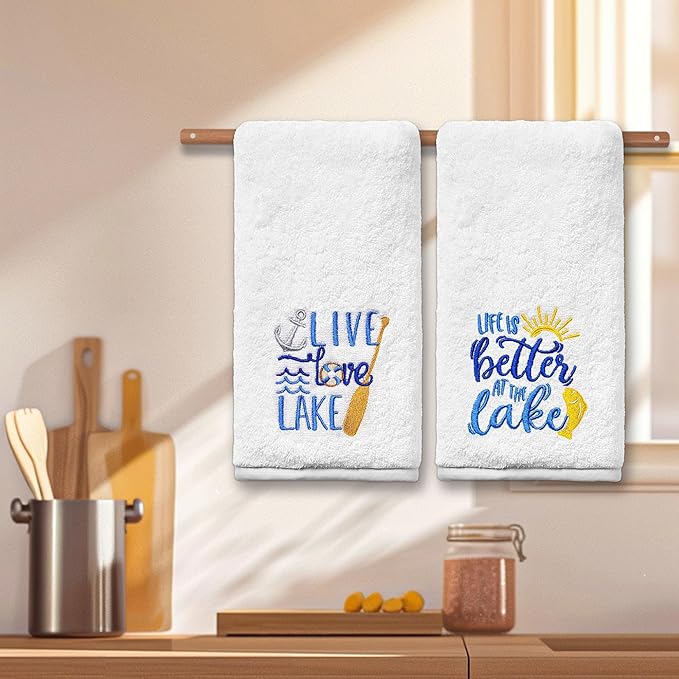 Lake Hand Towels for Bathroom Set of 2, Embroidered House Gifts Decor, Life Decorative New Home Tea Towels, 100% Cotton Soft Kitchen Towels 14x30 Inches