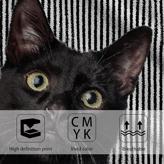 Cute Black Cat Hand Towel for Bathroom Set of 2,Cat on Black White Stripes Bathroom Hand Towel,Soft Absorbent Decorative for Hotel Gym Yoga Home Decor