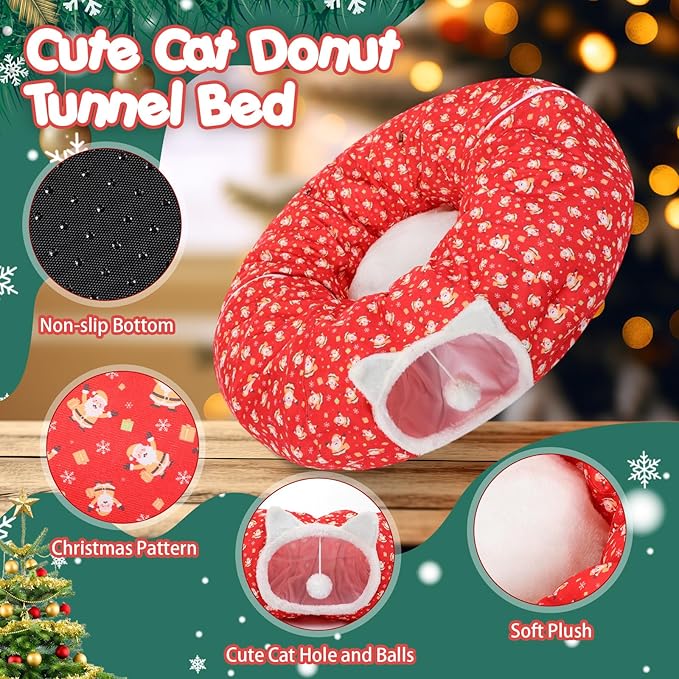 2.62ft x 2.62ft x 10.24in Christmas Cat Tunnel Bed Under Christmas Tree for Indoor Cat, Xmas Red Cute Cat Donut Tunnel with Washable Circle Cushion, Foldable Round Pet Tunnel Toy for Kitten