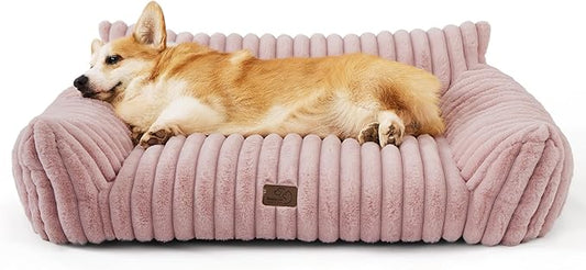 Bedsure Cute Dog Couch for Pets - Fluffy Dog Sofa with Premium Soft Corduroy Fleece, Dog Couch Bed with Washable Cover, Supportive Dog Sofa Bed for Medium Large Dogs, 36inch, Blush Pink