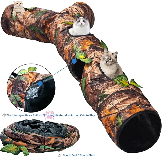 Cat Tunnel for Indoor Cat Large,Cat Bed Toy with Three Channels and Leaves,Y-Shape Cat Cave, Foldable Easy to Store,Suitable for Cats and Other Small Pets to Chase and Play, L 59",Brown