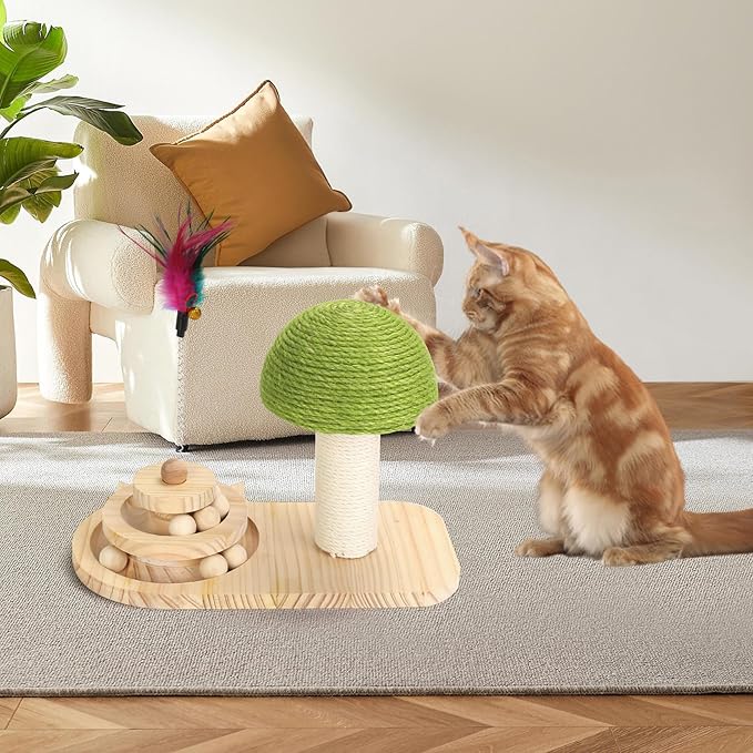 Cat Scratching Post, Sisal Mushroom Scratcher, Interactive Cat Toy with Ball and Bell Feather for Kittens and Small Cats