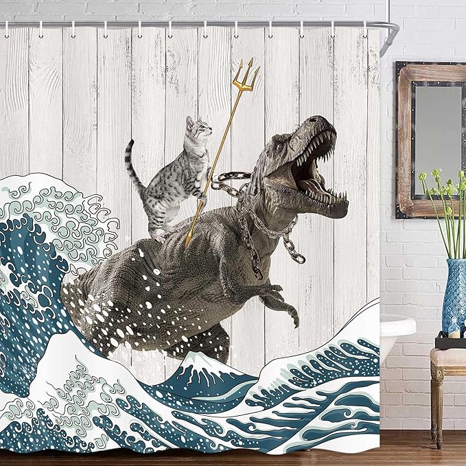 Boziqr Funny Cat Shower Curtain, Cool Cat Dinosaur Japanese Ocean Wave Decor Fabric Bathroom Curtains, Kids Children Rustic Wooden Farmhouse Long Shower Curtain, 70 X 84 Inches