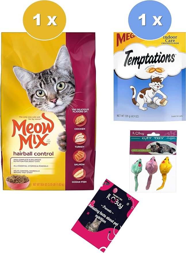 Dry Cat Food Mix Hairball Control Bundle (3.15 LB) and cat Treats Hairball Control Chicken(4.9 Oz) Bundle, Includes kit with 03 mouses Toy and a Pet Nutrition Booklet.