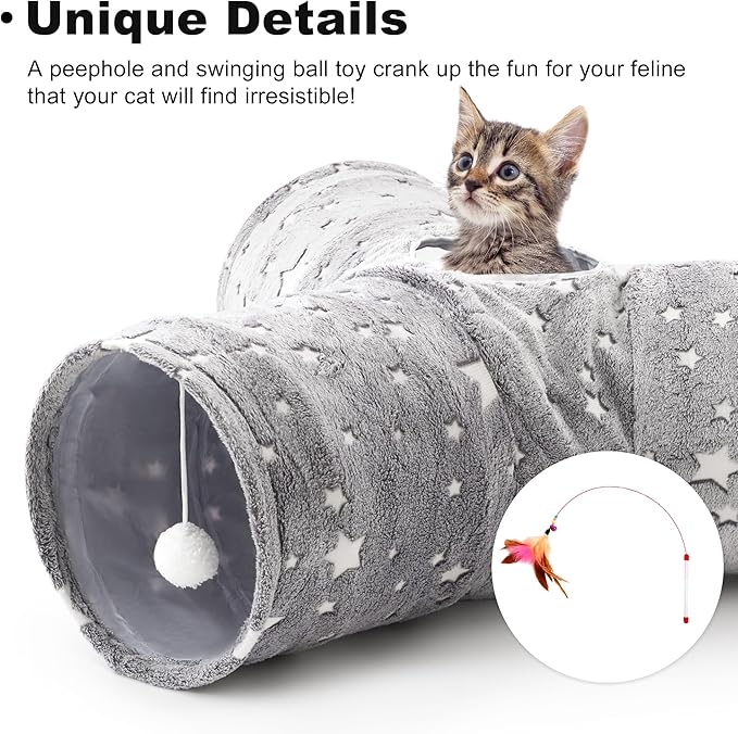 Love's cabin Cat Tunnel Tube Cat Toys 3 Way Collapsible, Self-Luminous Cat Tunnels for Indoor Cats，Kitten Tunnel Bored Cat Play Tunnel with Peek Hole Toy Ball for Cat, Kitty, Kitten, Puppy Grey