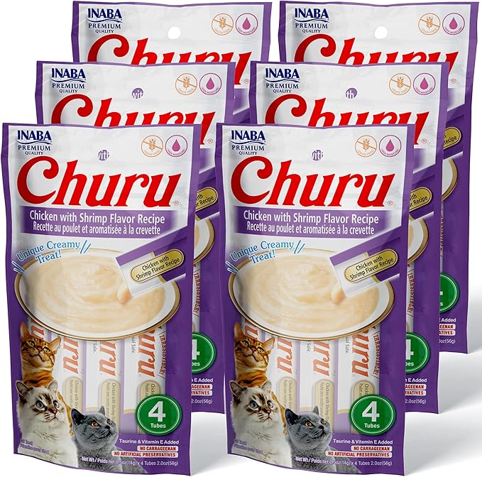 INABA Churu Cat Treats, Grain-Free, Lickable, Squeezable Creamy Purée Cat Treat/Topper with Vitamin E & Taurine, 0.5 Ounces Each Tube, 24 Tubes (4 per Pack), Chicken with Shrimp Recipe
