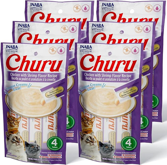 INABA Churu Cat Treats, Grain-Free, Lickable, Squeezable Creamy Purée Cat Treat/Topper with Vitamin E & Taurine, 0.5 Ounces Each Tube, 24 Tubes (4 per Pack), Chicken with Shrimp Recipe