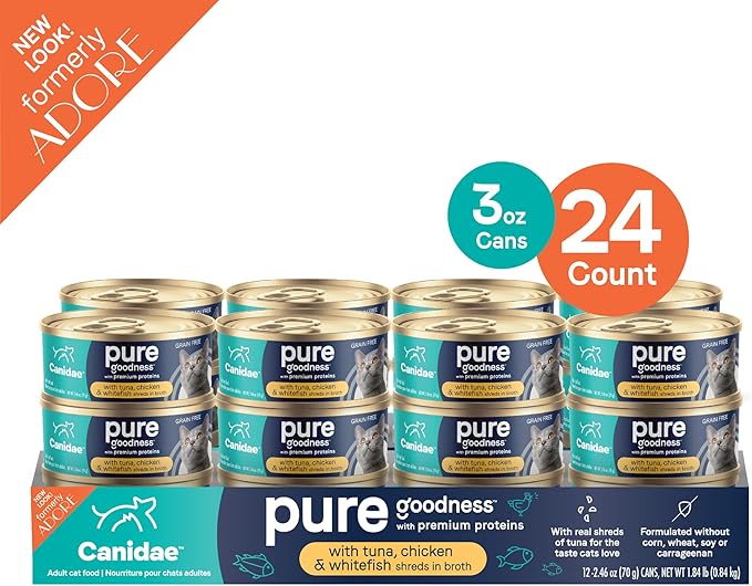Canidae Pure Adore Premium Wet Cat Food, Tuna, Chicken & Whitefish in Broth, 2.46 oz. (Pack of 24), Grain Free