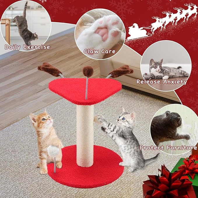 EMUST Christmas Cat Scratching Post for Indoor Cats, Natural Sisal Christmas Tree Scratching Post with Plush Hang Spring Ball Toys, Cute Small Kitten Scratching Post with Bed, Reindeer