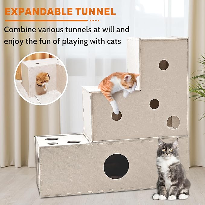 Cat Tunnel, L-Shape Cat Hideaway, Cat Tunnels for Indoor Cats, Grey Soft Felt Cat Toy, Pet Cat Play Tunnel with Interactive Peek Hole