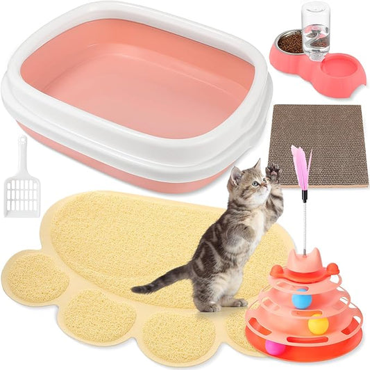 5 Pcs Small Cat Kitten Starter Kit Include Cat Litter Box with Shovel Cat Paw Litter Mat Scratch Pad Automatic Cat Bowls Turntable Cat Toys Balls Cat Essentials Kits for Cats Life(Pink)