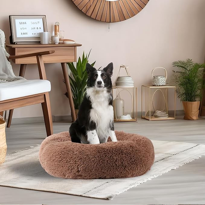 Calming Dog Bed, Dog Beds Fits up to 40 lbs Pets, Fluffy Donut Dog & Cat Bed Washable, Round Anti Anxiety Dog Bed, Small Dog Bed with Non-Slip Bottom (Khaki, 28" x 28")