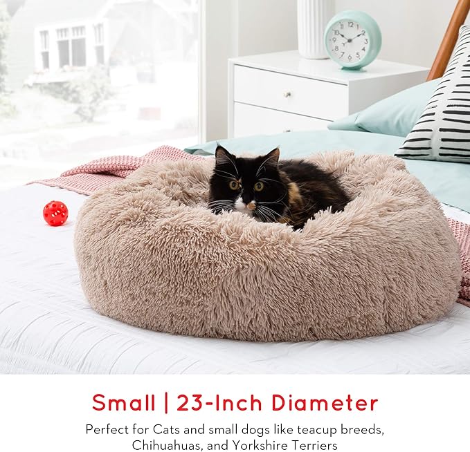 Brindle Donut Cuddler Pet Bed - Calming Anti-Anxiety Dog and Cat Bed - Plush Cozy and Washable Bed - Ergonomic Support, Small, Taupe