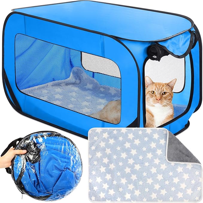 37 Inch Portable Cat Dog Crate with Mat Liner Pop up Dog Kennel Pet Tent Car Seat Travel Kennel Bed for Indoor Outdoor Waterproof Pet Crate Cage for Large Cat Medium Puppy Camping(Blue)