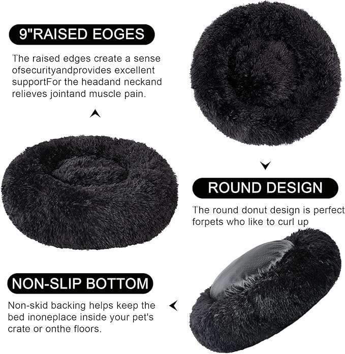 Dog Bed Calming Dog Beds for Small Medium Large Dogs - Round Donut Washable Puppy Dog Bed, Anti-Slip Faux Fur Fluffy Donut Cuddle Anxiety Cat Pet Bed(16'' Black)