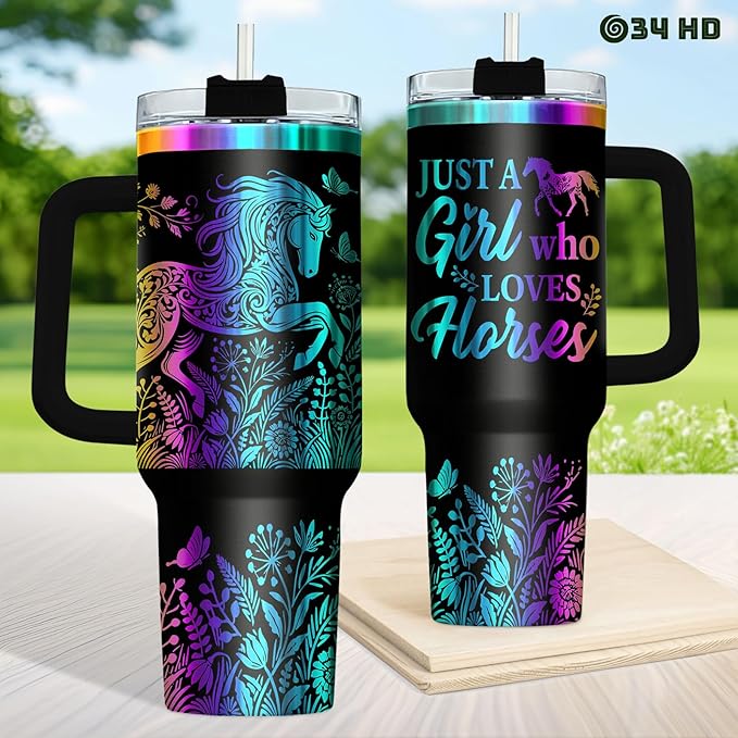34HD Laser Engraved Horse Tumbler with Handle & Straw, 40oz Stainless Steel Double Wall Vacuum Insulated Cowgirl Travel Mug, Horse Lover Gifts for Girl Women Cowgirl Daughter