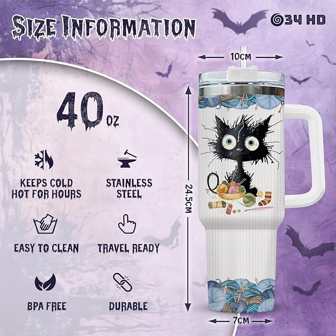 34HD Black Cat Tumbler with Handle & Straw, 40oz Vacuum Insulated Cat Coffee Cup, I Crochet So I Dont Choke People Mug, Crochet Lover Gifts for Birthday Mothers Day Christmas