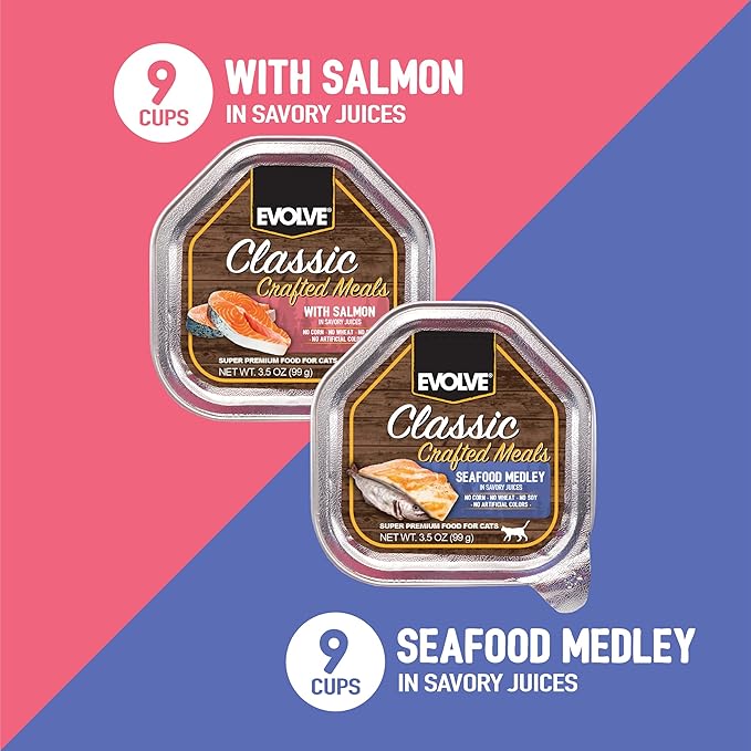 Evolve Classic Crafted Meals Cat Food Variety Pack with Salmon Recipe & Seafood Medley Recipe, 3oz (Pack of 18)