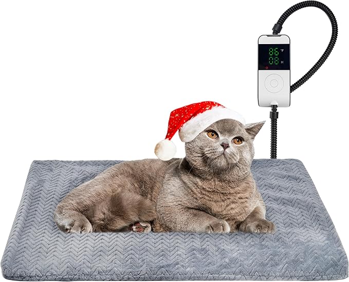 PatiencET Heated Cat Bed, 18'' x 28'' Temperature Adjustable Cat Dog Heating Pad with Timer Indoor, Pet Heating Pad for Cats Dogs, Cat Warming Pad Bed with Metals Chew Resistant Cord