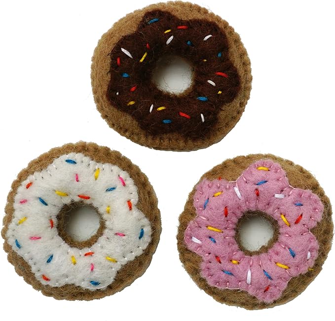 Set of 3 Mini Donut Toys for Cats and Kittens 100% Wool Felt Handmade in Nepal
