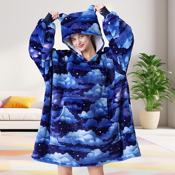 THREE POODLE Wearable Blanket Hoodie for Women, Oversized Sherpa Sweatshirt Blanket for Adults Men, Warm Cozy Cloudy Hooded Blanket, Gifts for Mom Girlfriend Sister