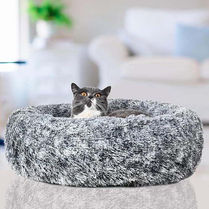 Cat Bed for Indoor Cats Self Warming Washable-Round with Slip-Resistant Bottom Warm Cuddler Cushion Bed Pet Furniture for Small Medium Large Kittens - 23 Inch Dark Grey