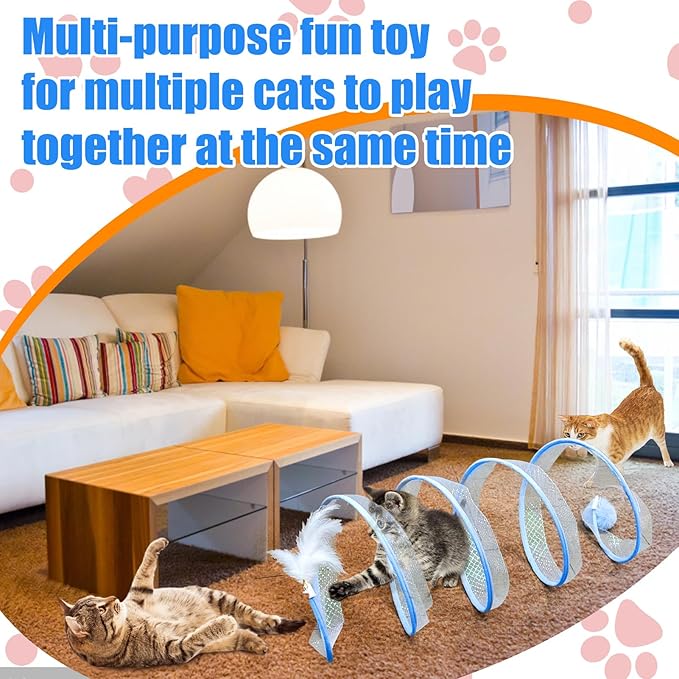 Mity rain Cat Tunnels for Indoor Cats，S Type Foldable Cat Tunnel Toy,Decompression Interactive Cat Springs Toys with Cat Ribbon/Bell/Feather/Pom pom Balls Blue