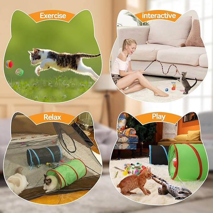 23PCS Assortment of Cat Toys -Foldable Spiral Cat Tunnel,Cat Spring,Mice,Cat Interactive Feather Teaser Wand Ball Toy, Colorful Balls & Bells for Kittens, Cats, and Puppies!