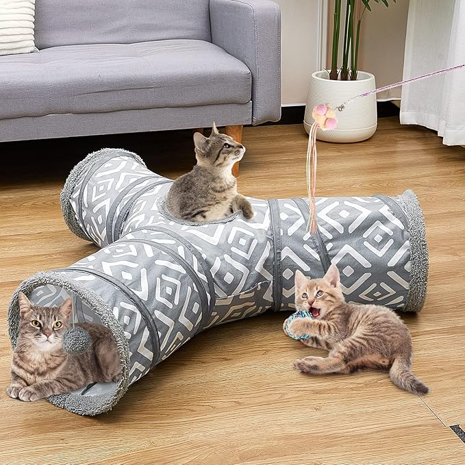 Glittme Cat Tunnel, 3 Way Cat Tunnels for Indoor Cats with 3 Toy Balls, Peekaboo Cat Cave, Collapsible Cat Tubes and Tunnels for Cat, Puppy, Kitty