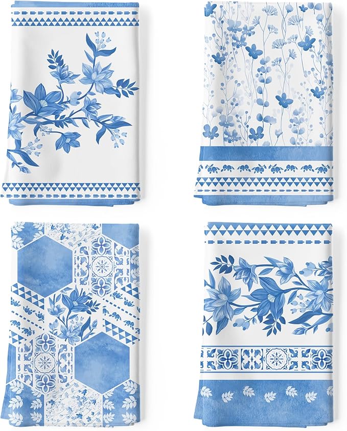 Blue Flower Tea Towels, 100% Cotton Kitchen Towel Set 20×27.5inch, Multi-Purpose Quick Dry Dish Towels Dishcloths Hand Towels Bar Towels(Set of 4)