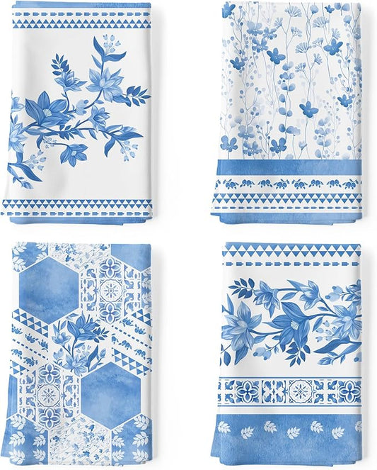 Blue Flower Tea Towels, 100% Cotton Kitchen Towel Set 20×27.5inch, Multi-Purpose Quick Dry Dish Towels Dishcloths Hand Towels Bar Towels(Set of 4)