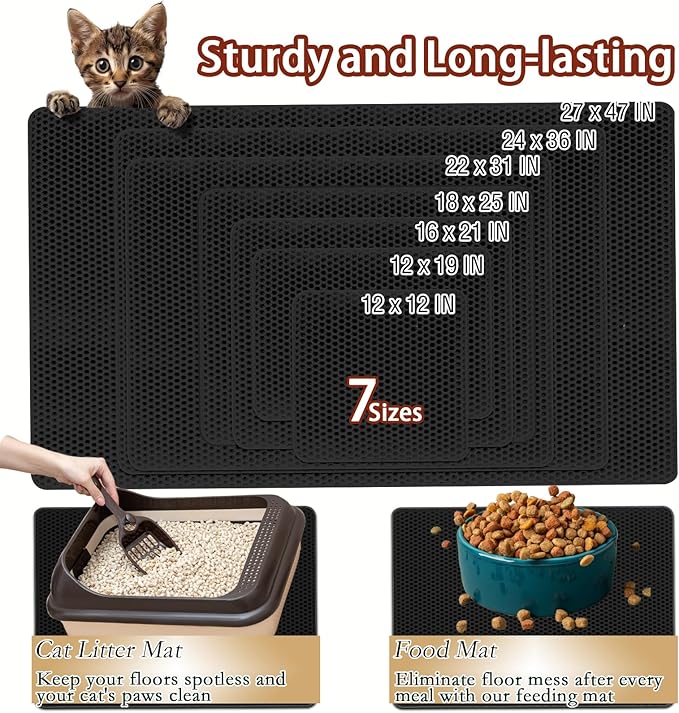 2025 𝗡𝗘𝗪 Waterproof Cat Litter Mat | Double Layer EVA, Odor-Free Large Grid | Urine Proof & Easy Cleanup | Soft on Paws | Versatile Design for Litter and Feeding (Black, 24×36)