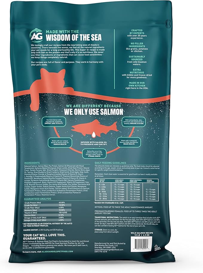 SUPER3+ All-Salmon Freeze-Dried Raw Dry Cat Food, Fortified with Omega Fish Oil, High-Protein, Grain-Free, Allergy & Digestive Support, All-Natural, for Kittens & Adults, 10 lbs