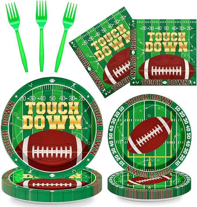 96PCS Football Party Decorations Tailgate Tableware Set Touchdown Theme Paper Plates Football Sports Game Plates Napkins Dinnerware for Touchdown Gameday Party Supplies, Serves 24