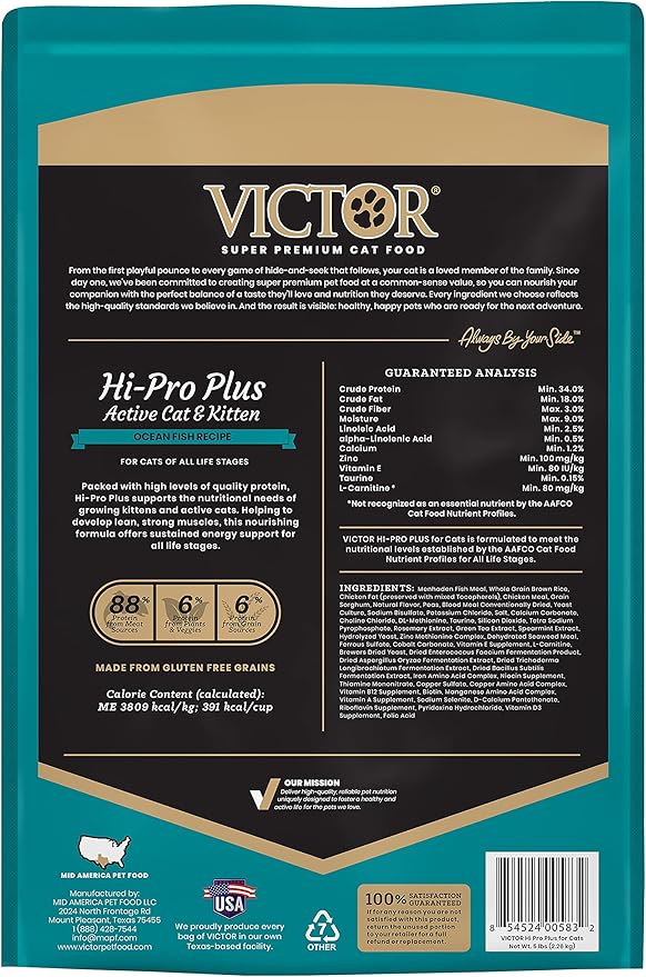 Victor Super Premium Cat Food – Hi-Pro Plus Active Cat and Kitten – Dry Cat Food for Active Cats – All Breeds and All Life Stages from Kitten to Adult, 5lb