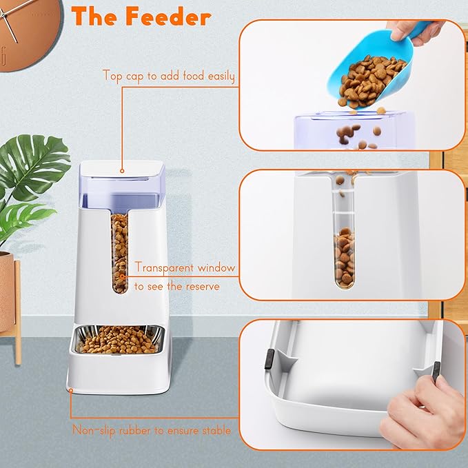 Cat Food Dispenser and Cat Water Dispenser Set with Stainless Steel Bowls Gravity Dog Feeder for Small Medium Big Cat Dog Pet Puppy Kitten, 1 Gallon x 2