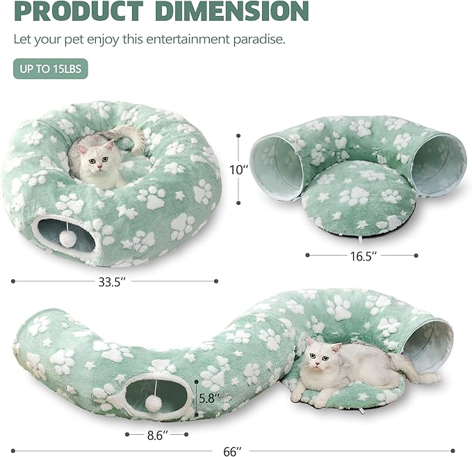 Cat Tunnel for Indoor Cats, Cute Peekaboo Cat Cave Play Tunnel with Dangling Balls, Pet Donut Tunnel Bed with Circle Mat for Cat Puppy Kitten Rabbit, Green