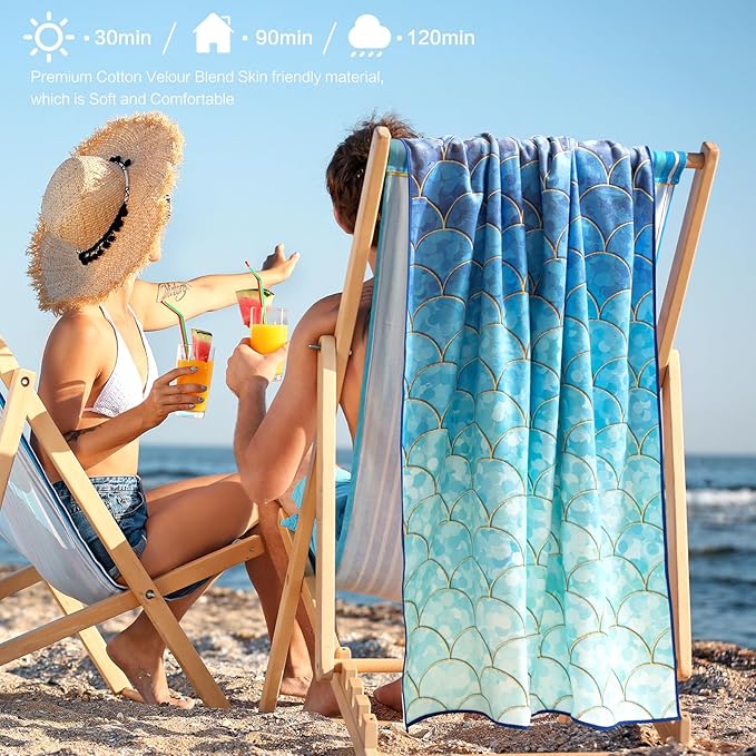 Ombre Blue Beach Towel, Mermaid Beach Tower Cotton Blend Soft Velour Beach Towel Absorbent Bath Towel for Kids Boys Girls Teens Men Women Camping Towel,Gym,Hiking, Pool, Bath, Yoga,Travel Vacation