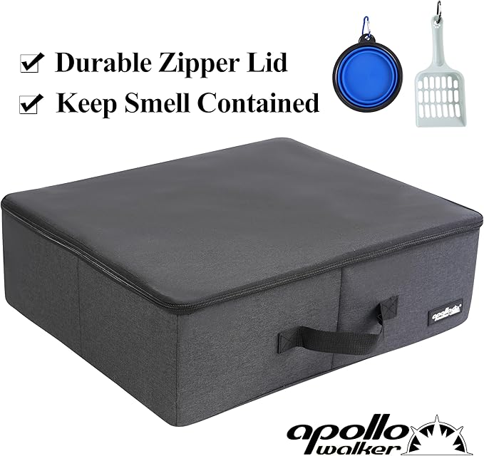 apollo walker Portable Cat Travel Litter Box with Zipped Waterproof Bag,Collapsible Litter Carrier for Cat with Zipped Lid and Handle, No Leakage, No Smell, Easy to Carry and Use in Hotels, Car Black