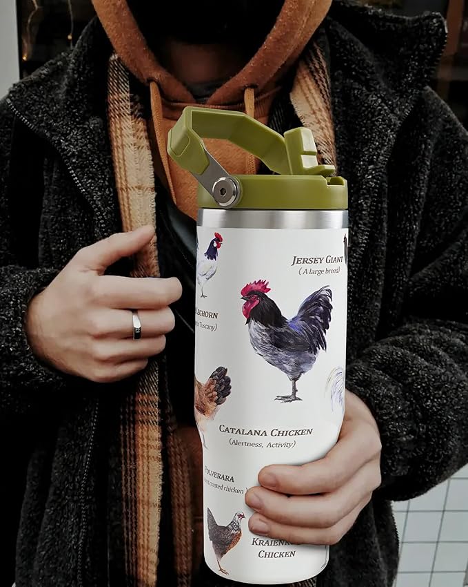 30oz Chicken Tumbler with Handle and Straw, Stainless Steel Vacuum Insulated Coffee Tumbler, Travel Mug Water Bottle, chicken Stuff Accessories Decor, chicken Gifts for Women