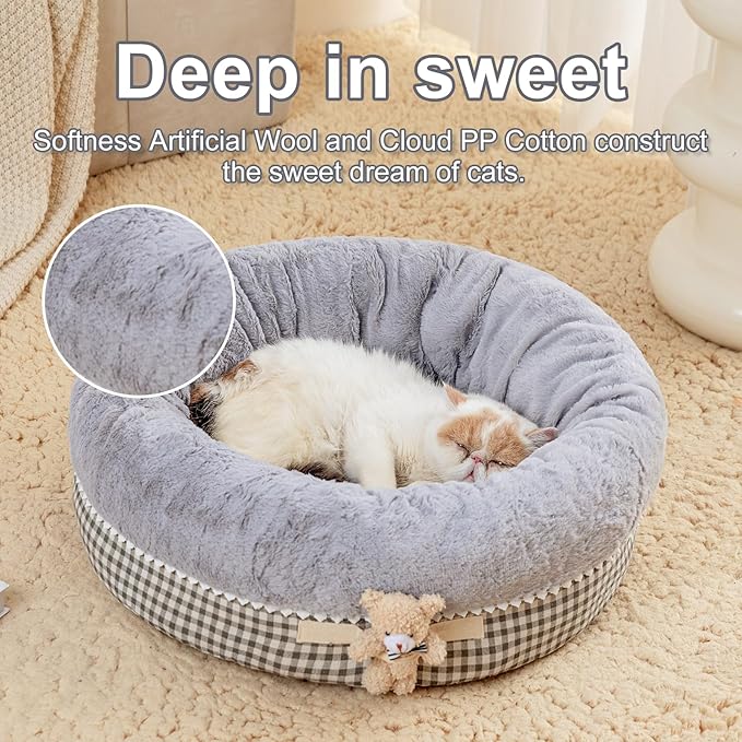 Jiupety Teddy Donut Bed for Indoor Cats, Washable & Warm Small Dog Bed, Cute Fluffy Round Kitten Bed, Suitable for Cat and Puppy, Anti-Slip Calming Princess Kitty Bed, Gray, 26"×26", Fit 25lbs