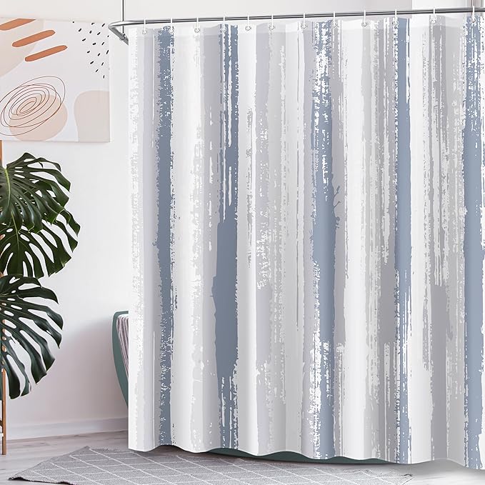 Blue Grey Abstract Striped Shower Curtain Sets for Bathroom 60Wx72H Vintage Modern Contemporary Minimalist Shower Curtain Botanical Plant Leaves Aesthetic Bathtub Curtain Rustic Bathroom Decor