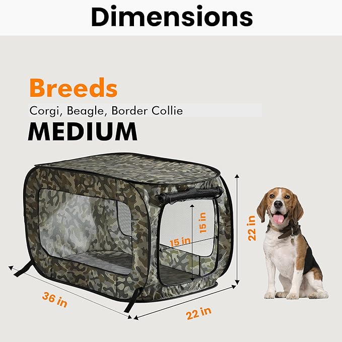 Beatrice Home Fashions Portable, Collapsible, Pop Up Kennel Travel Cat and Dog Crate, 36" L x 22" W x 22" H, Camo Green