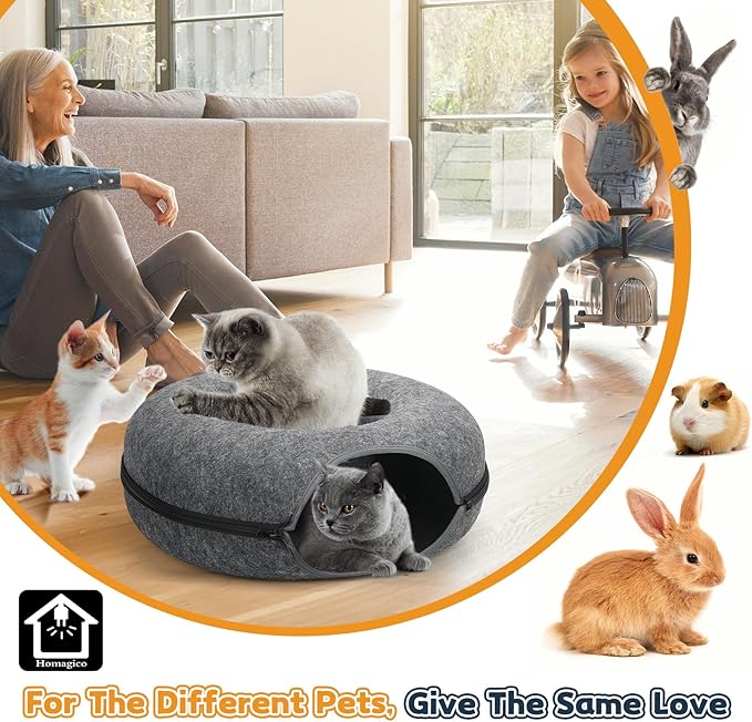 Medium 20 Inch,Cat Tunnel Bed,HOMAGICO Peekaboo Cat Cave with Pet Blanket,Detachable Donut Tunnel Bed for Indoor Cats,Exercise Scratching & Hideway Cat Nest,Cat Up to 8 lbs(Dark Grey)