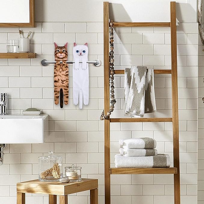 Funny Hand Towels for Bathroom Kitchen - Cute Decorative Cat Decor Hanging Washcloths Face Towels Super Absorbent Soft - Mothers Day Easter House Warming Birthday Gifts for Women Cat Lovers-White