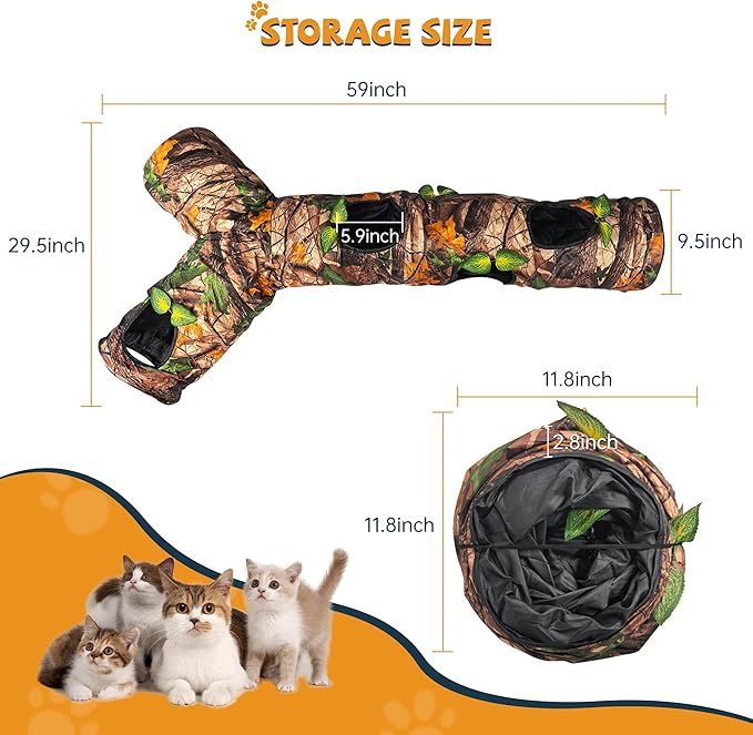 Cat Tunnels for Indoor Cats Large, 3 Way Cat Tunnel with 5 Holes and Leaves, Cat Tunnel Toy with Loud Paper - Pop Up Collapsible - Connect More Tunnels for Large Cat, Puppy, Kitten