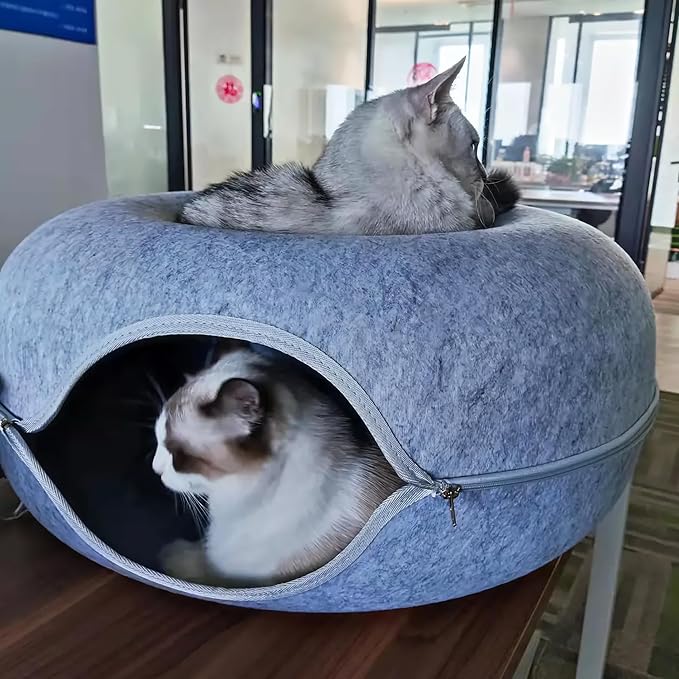 Donut Cat Tunnel Bed Peekaboo Cat Cave for Large Cats Up to 30 Lbs, Kitty Interactive Playing Tent House for Multiple Cats,Detachable,Scratch Resistant (Blue, Large - 24 Inch Diameter)