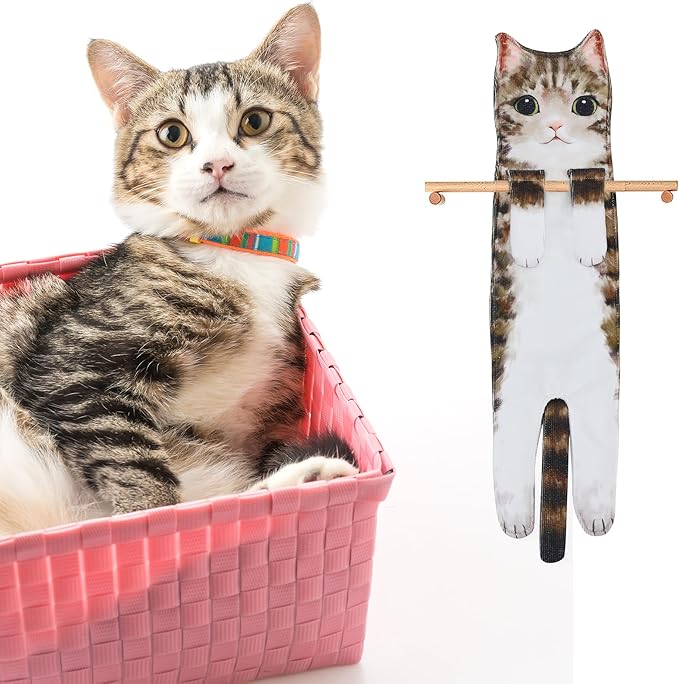 Cat Hand Towels for Kitchen Bathroom - Cute Cat Decor Gadgets - Hanging Soft Absorbent Hand Face Towel - Funny Birthday Housewarming Holiday Unique Gifts for All Women Mom Lady Cat Lovers - Tabby