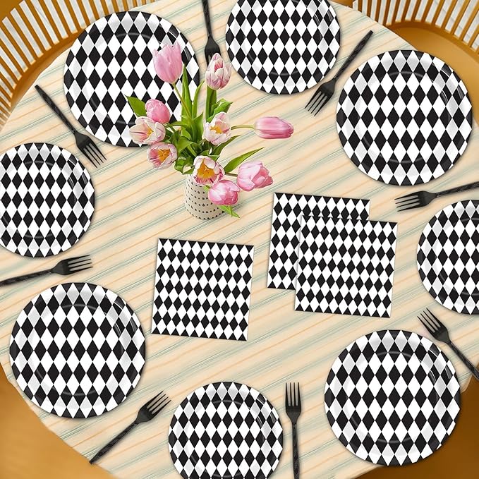 96Pcs Wonderland Party Supplies Black and White Checkered Party Plates and Napkins Race Car Party Disposable Tableware Decorations for Birthday Baby Shower Party Favors for 24 Guests