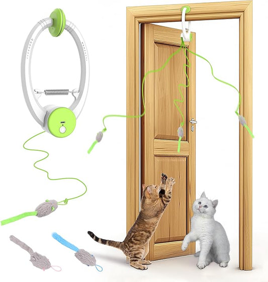 Cat Toys, Interactive Cat Feather Toys for Indoor Cats, Hanging Retractable Teaser Toy Kitten Play Chase Exercise, Automatic Kitten Mental Exercise Toys with Three Mices Plush Toys (Green)
